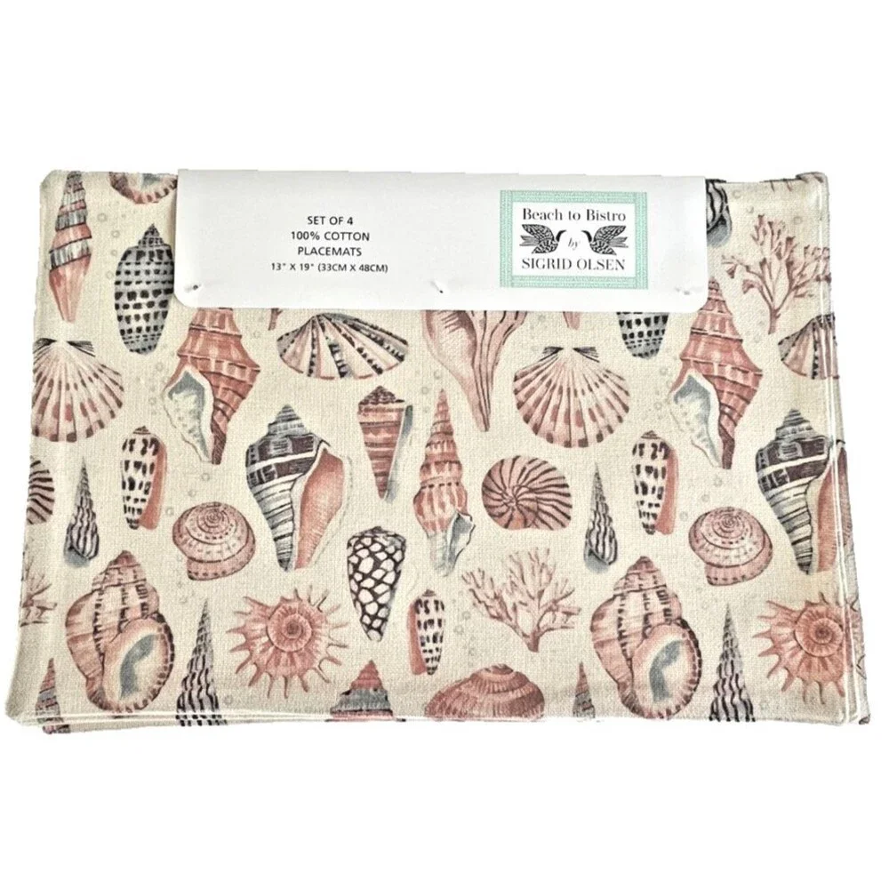 Sigrid Olsen Placemats Sepia Shells Summer Beach Machine Wash 13x19 Set of 4